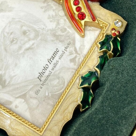 Costco Jeweled Gold Tone Picture Frame Square Ornament Red Bow Ivy Christmas - Picture 3 of 6